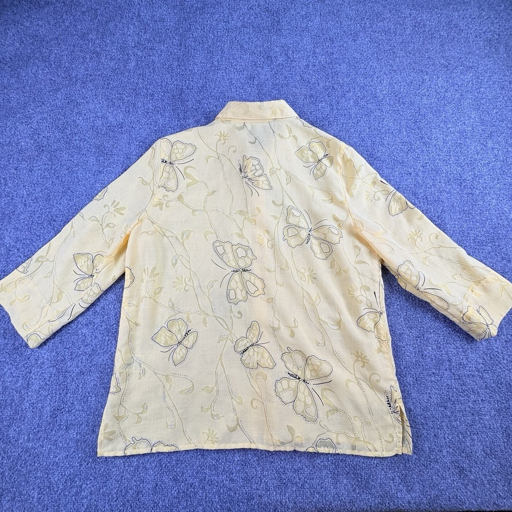 Alfred Dunner Blouse Women 14 Yellow Butterfly Button Up Silver Sparkle Coastal - Picture 8 of 12